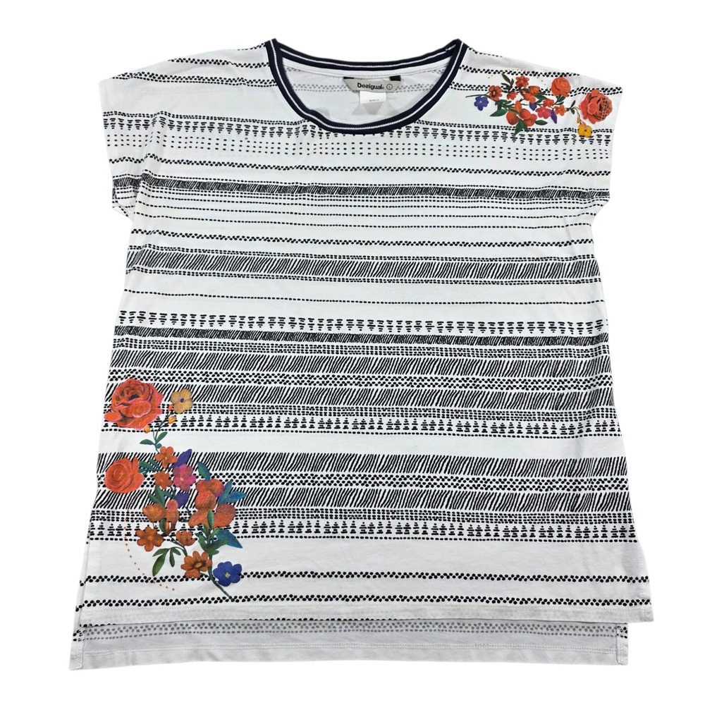 Desigual Floral Striped Short Sleeve Top White Large Women Boho Embroidered